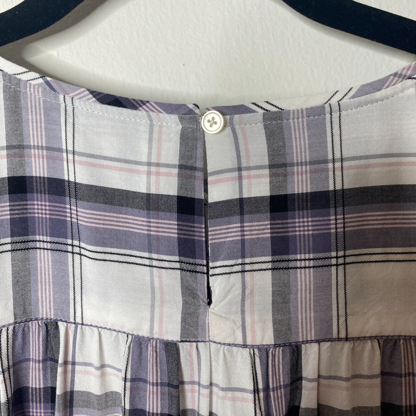 Loft Lavender Plaid Flowy Roll-Tab Sleeve Shirred Back Keyhole Button Blouse SP