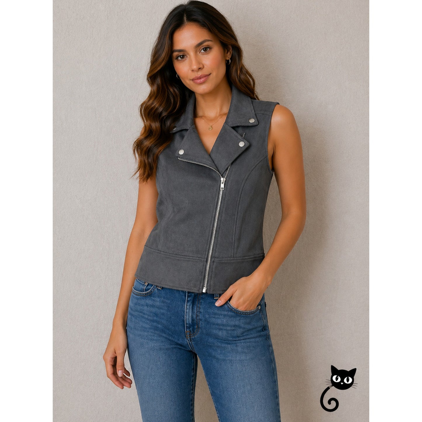 Level 99 Alexa Faux Suede Earl Gray Moto Vest Asymmetric Center Front Zip Medium