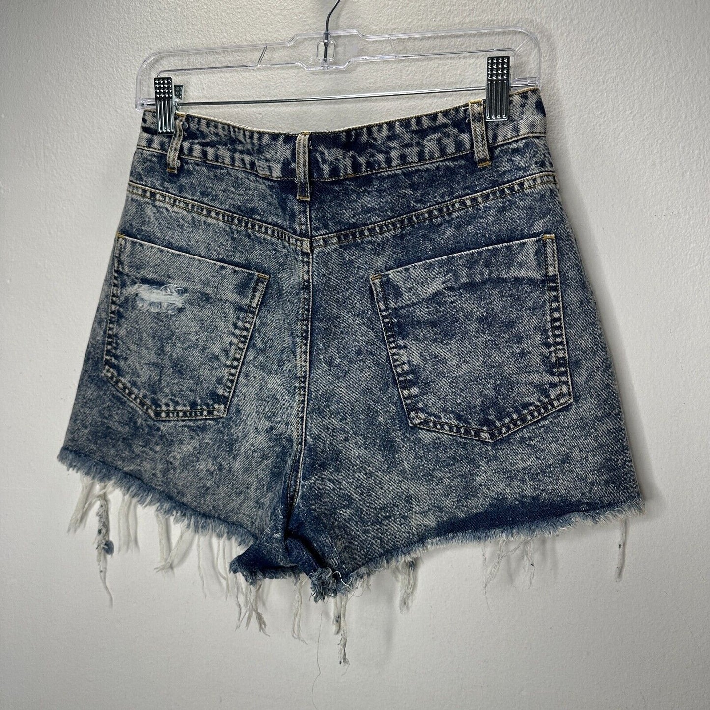 Hyfve Medium Blue Acid Wash Distressed Raw Hem High Waist Jean Shorts M