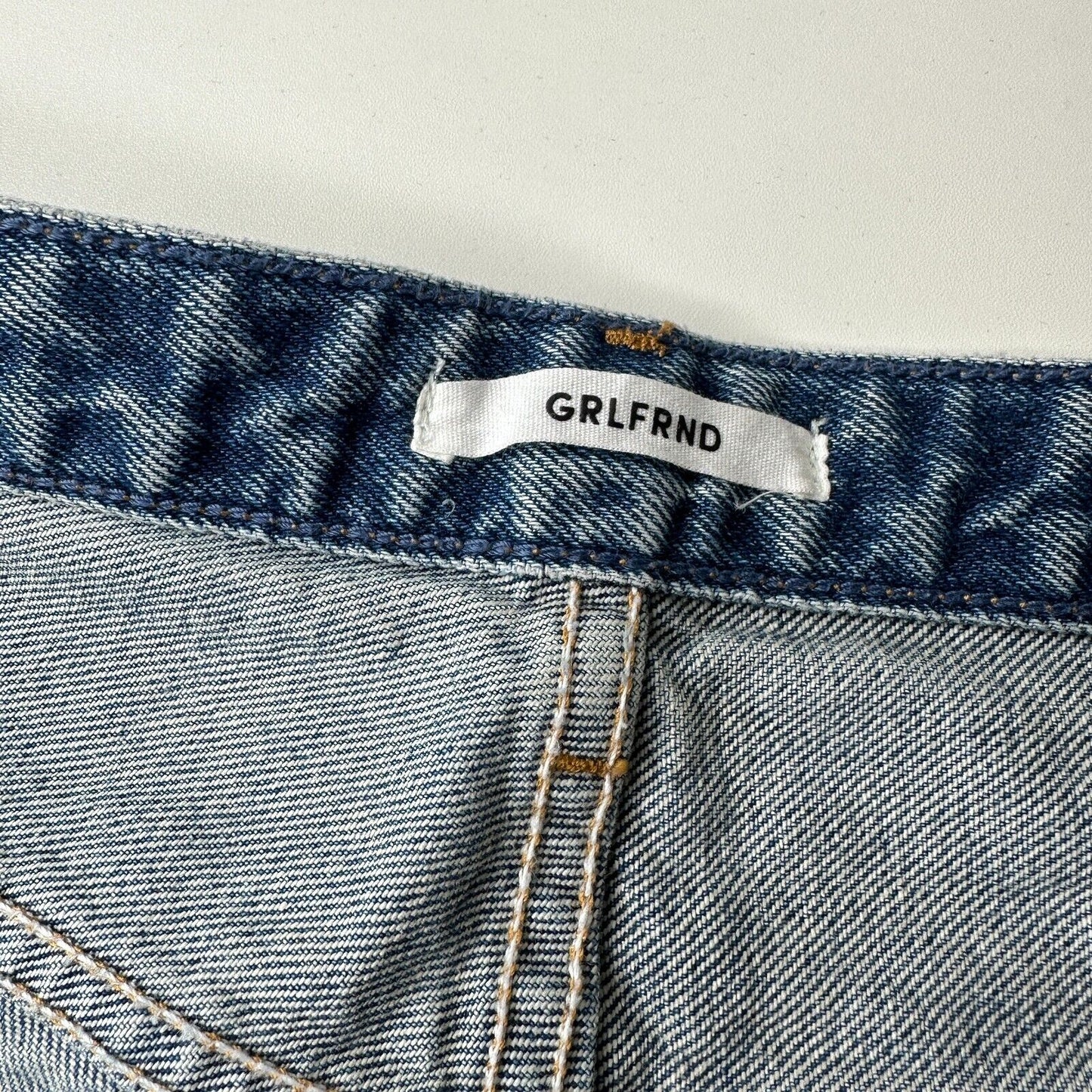 GRLFRND Cindy Button Fly High Rise Medium Blue Wash CutOff Jean Short Raw Hem 32
