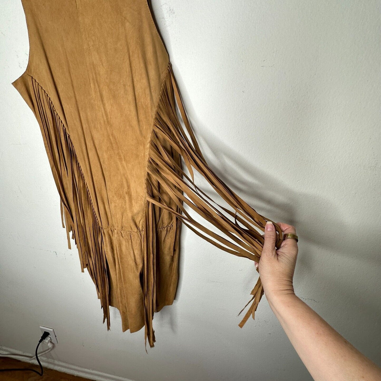 Belair Calvi Camel-Tan Goat Suede Sleeveless Fringed Scoop Neck Mini Dress T2