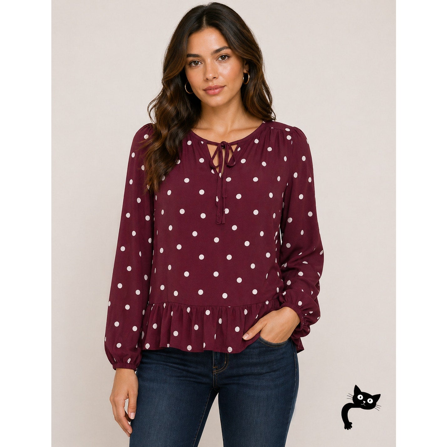 Loft Burgundy Plum & Pink Polka Dot Tie Neck Ruffle Hem Long Sleeve Blouse XXS