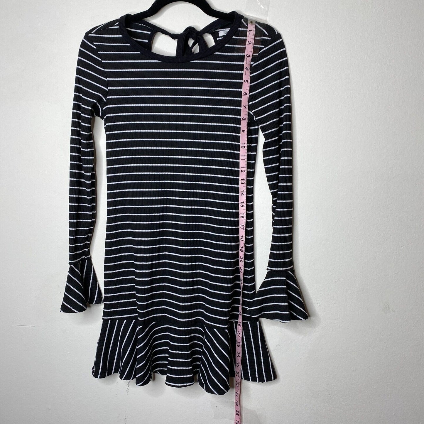 Saylor Black & White Stripe Tessa Bell Long Sleeve Keyhole Tie Knit Dress S