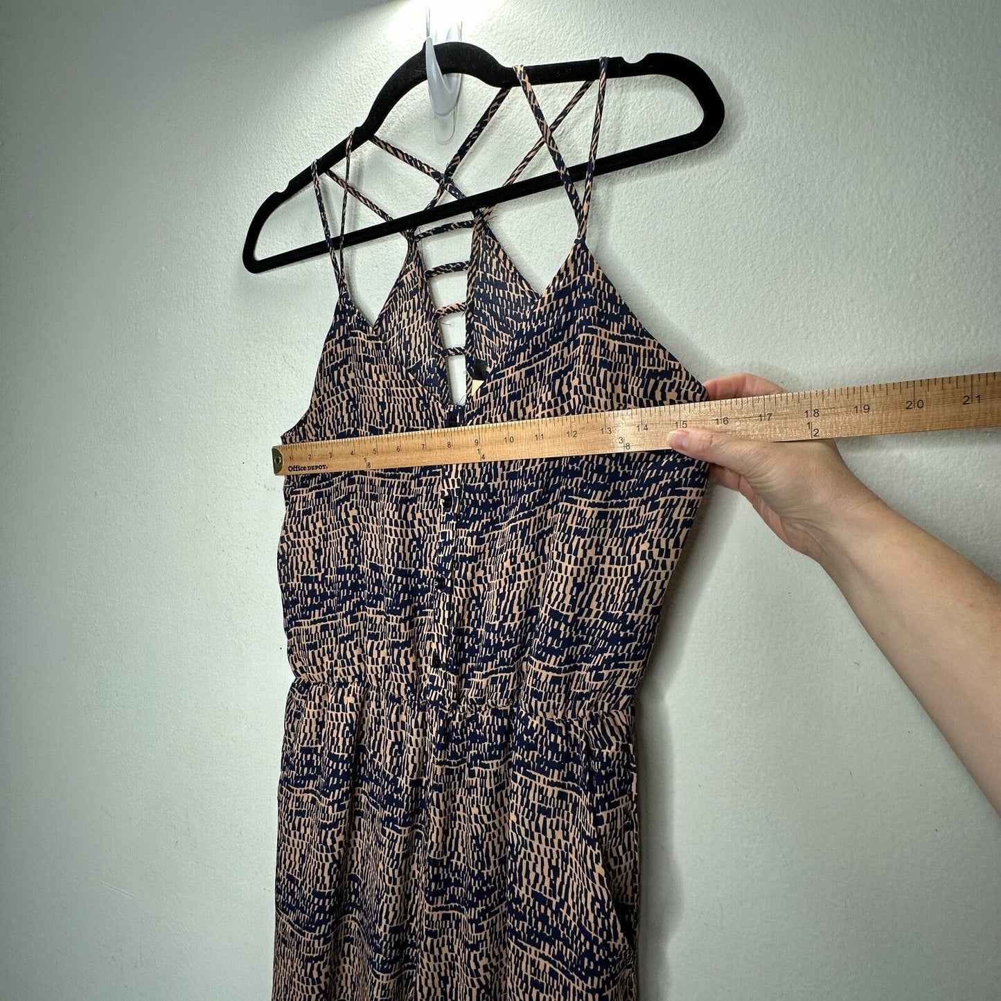 Fora Tan & Navy Front Button Strappy Decorative Back Wide Leg Jumpsuit Small