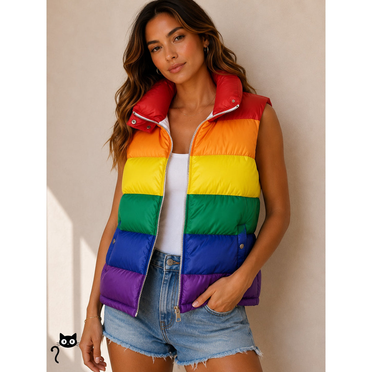 RARE Burberry Rainbow Stripe Down Filled Quilted Puffer Vest Concealed Zip S