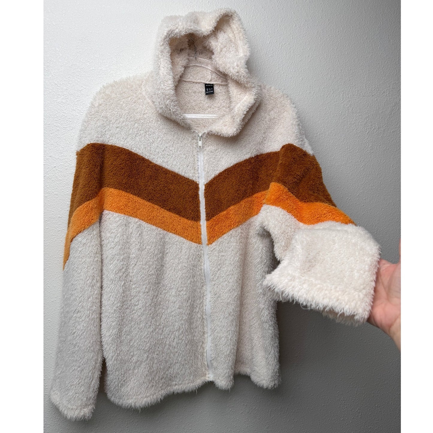 SHEIN Colorblock Sherpa Teddy Zip Hoodie Jacket Cream Brown Size M