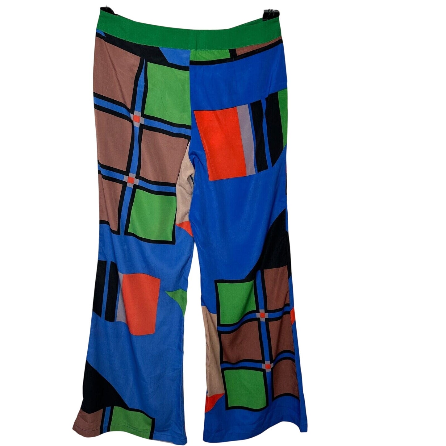 Jealous Tomato Bright Blue Green & Tan Abstract Design Palazzo Pants Front Zip M