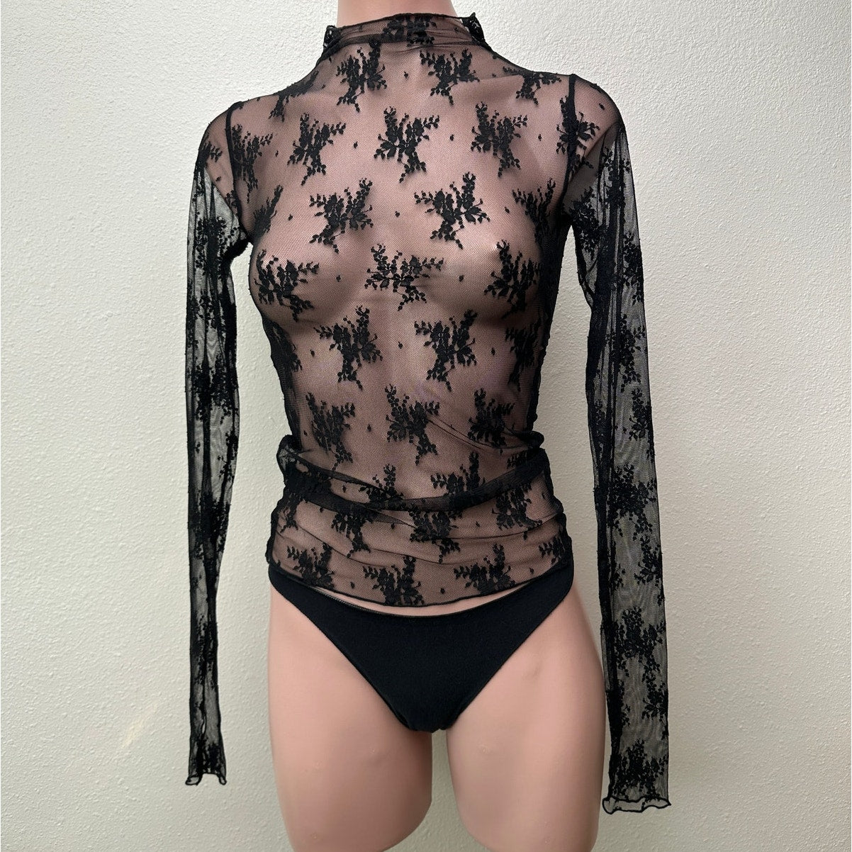 Free People Lady Lux Black Sheer Lace Floral Top XS