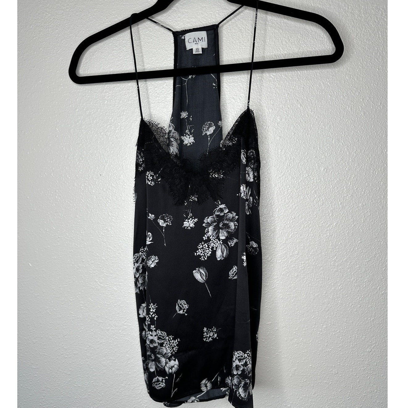Cami NYC Black White Floral Lace Trim Silk Racer Cami Tank Top XS