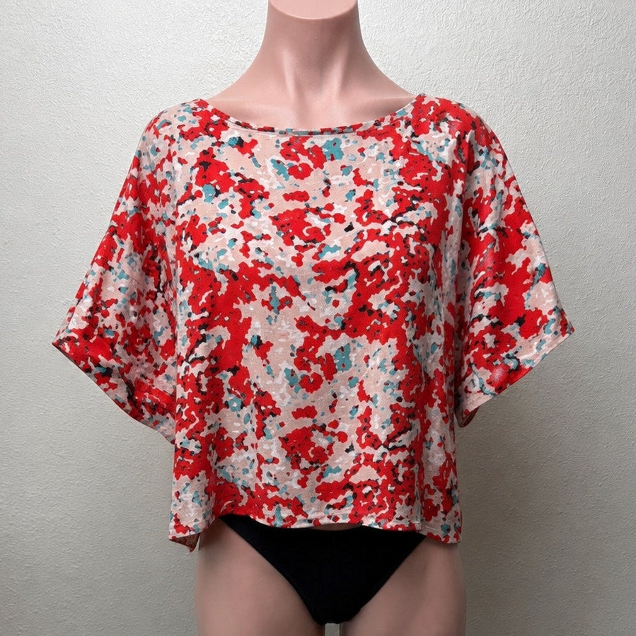 Cute Red Pink Blue Floral 3/4 Cuffed Sleeves Wide Round Neck Blouse Top L