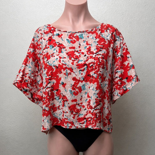 Cute Red Pink Blue Floral 3/4 Cuffed Sleeves Wide Round Neck Blouse Top L