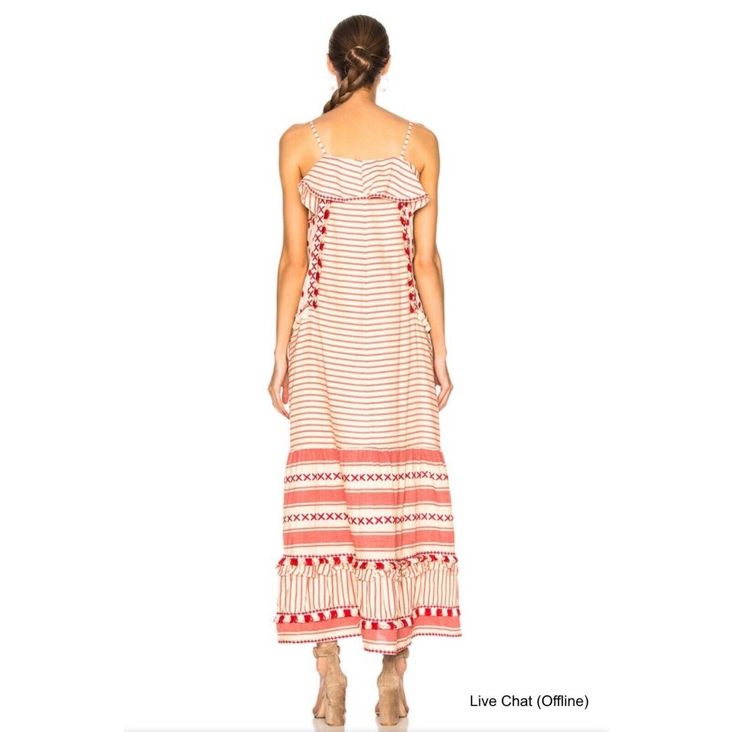 DODO BAR OR Cute Tan & Red Striped Polka Dot Ruffle Fringe Maxi Sun Dress S