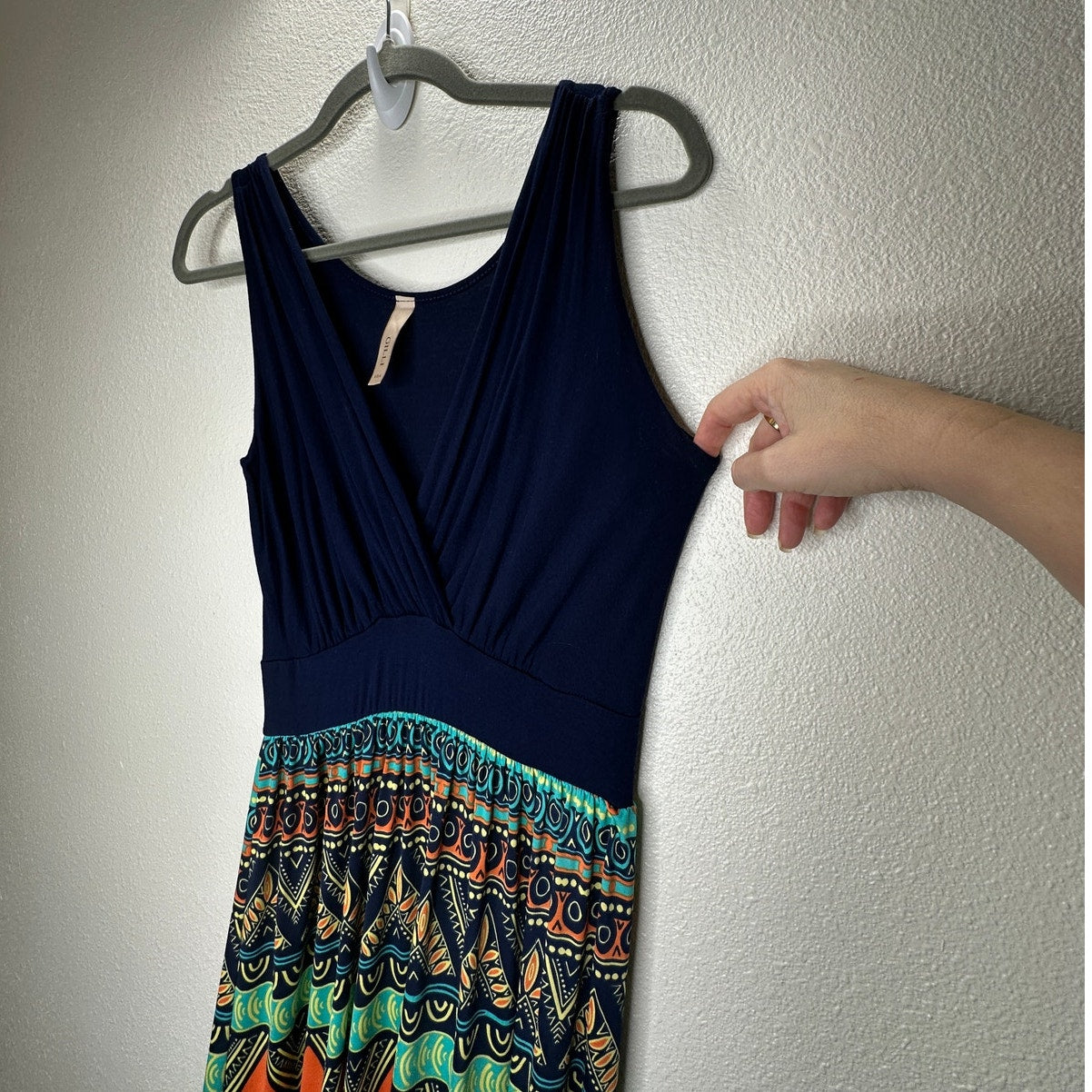 Gilli Navy Blue Teal Orange Multi Print Faux Wrap V-Neck Sleeveless Maxi Dress M