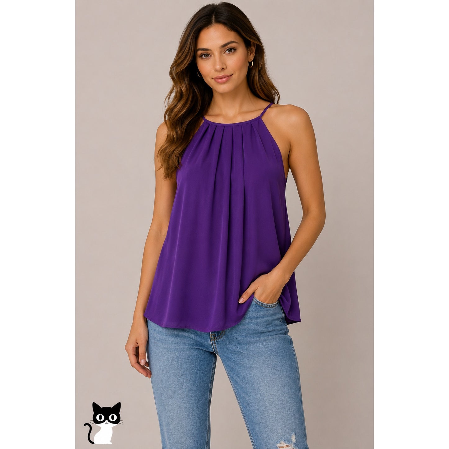 NWT Lavender Brown Purple Silk Front Pleat High Neck Keyhole Back Top L