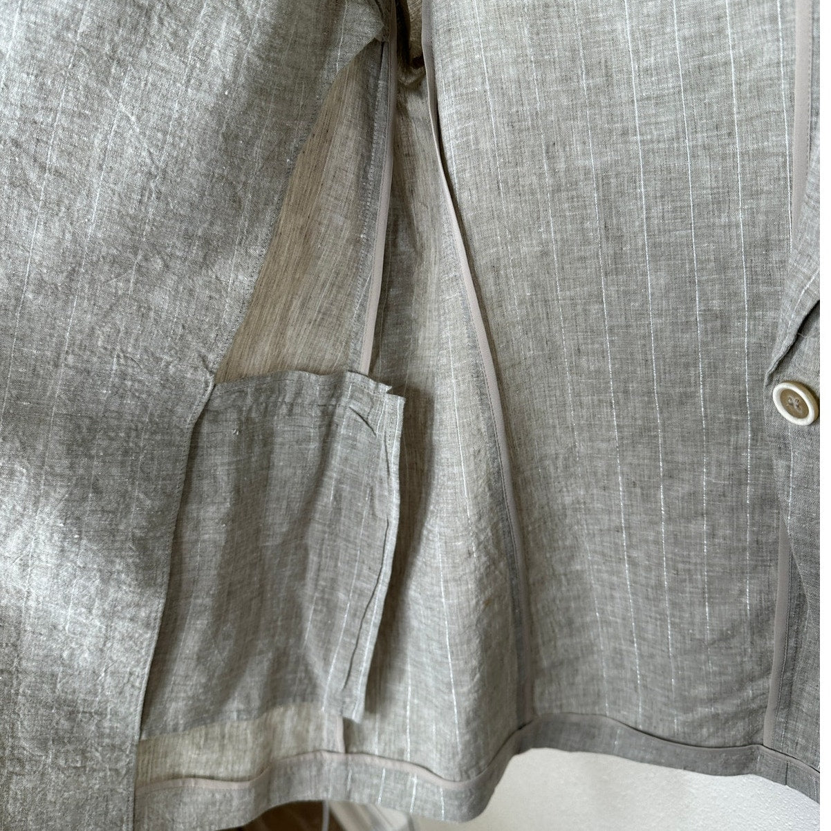 Brunello Cucinelli 100% Linen Beige Silver Stripe Button Blazer 46 / 14