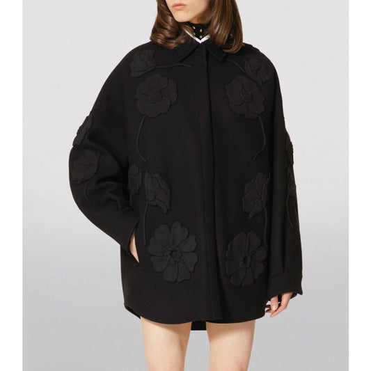 Valentino Garavani Black Wool-Cashmere Appliqué Jacket Snap Close M