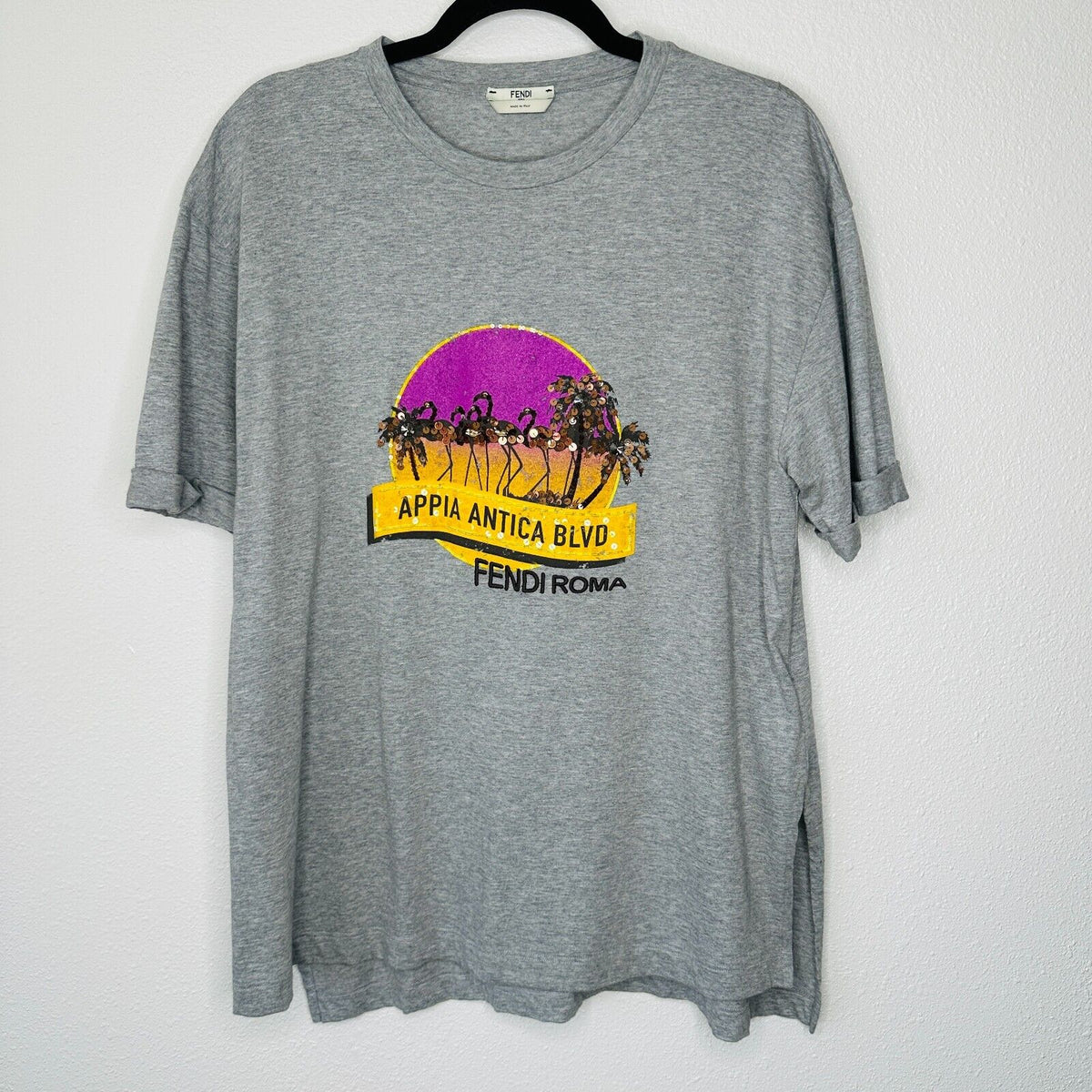 Fendi Gray Short Sleeve Appia Antica Blvd Fendi Roma logo Tee Bead Sequin Top L