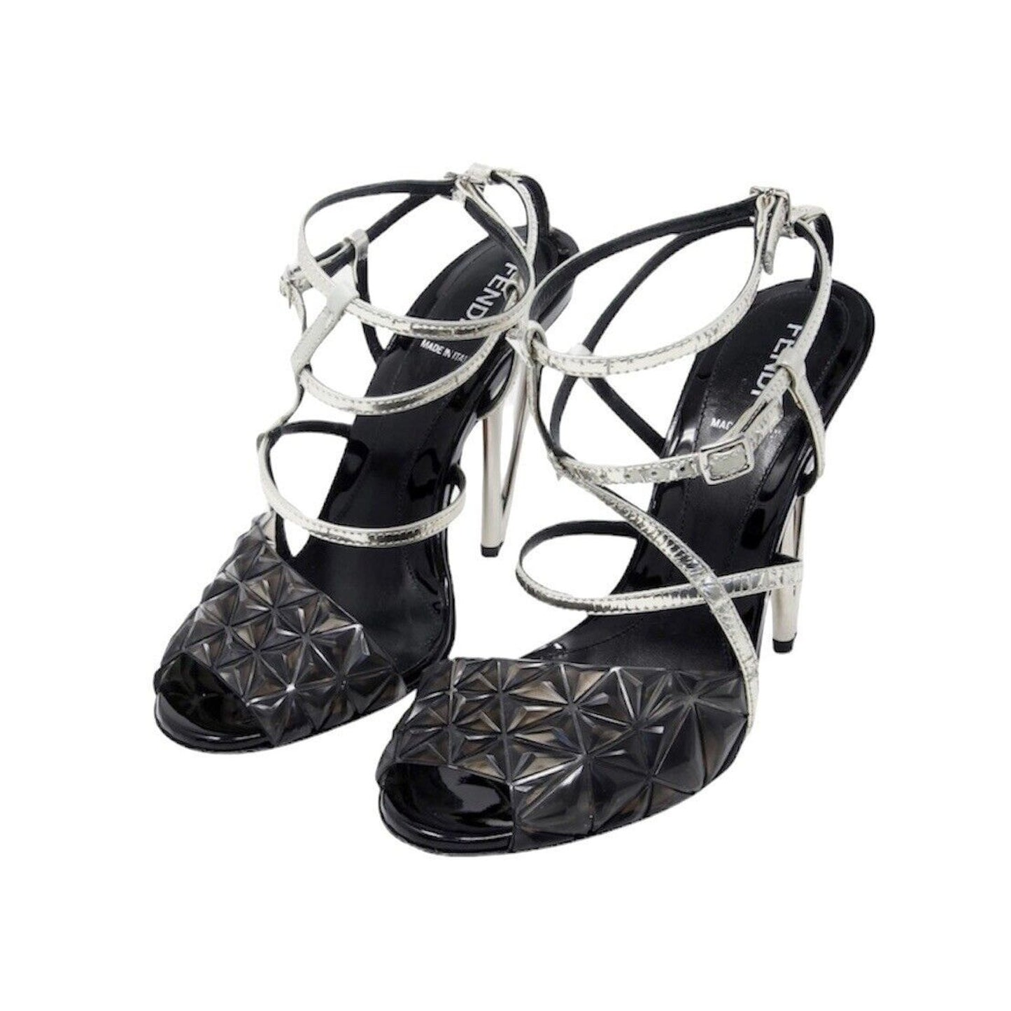 Fendi Cute Black Silver Iridia PVC Buckle Pyramid Metallic Strap Sandals 39
