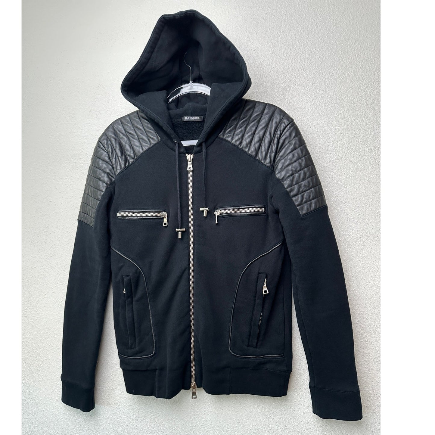 Balmain Black Moto Hoodie Leather-Shoulder Zip Sweatshirt Men M