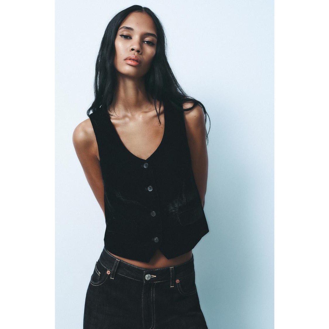 Zara Black Velour Tailored Button Front Vest  Front Flap Details XS