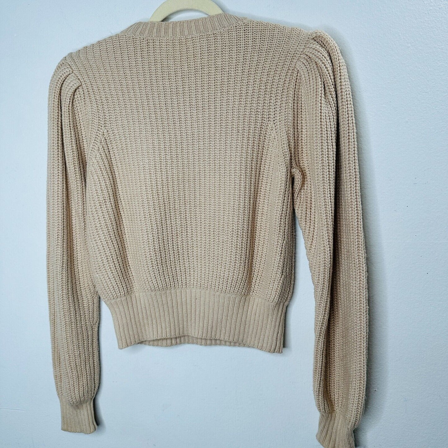 Frame Tan Ribbed Cable Knit Crew Neck Balloon Puff-Sleeve Banded Crop Sweater XS