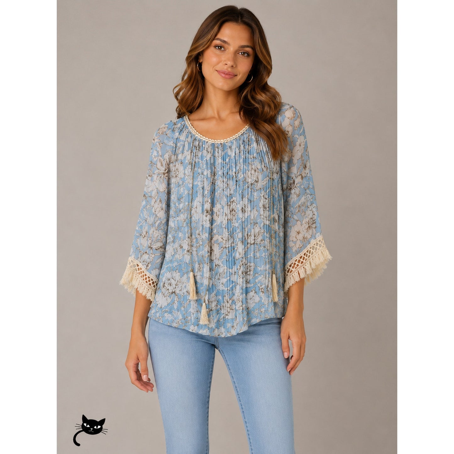 My Story Paris Cream & Blue Accordian Pleat 3/4 Sleeve Blouse S