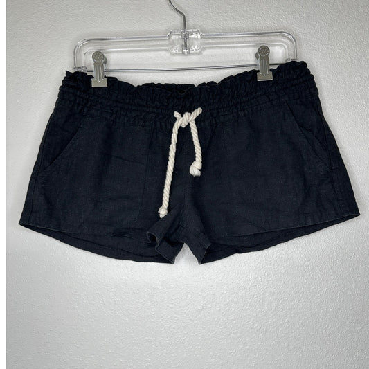 Roxy Oceanside Black Linen Elasticized Cream Rope Tie Shorts M