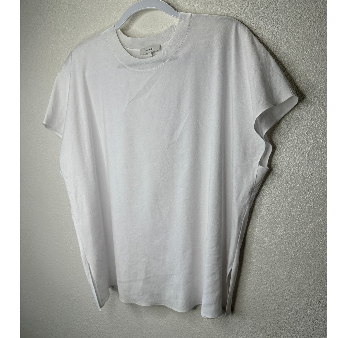 Vince White Linen Round Neck Cap Sleeve Side Slit Boxy Tee Top L