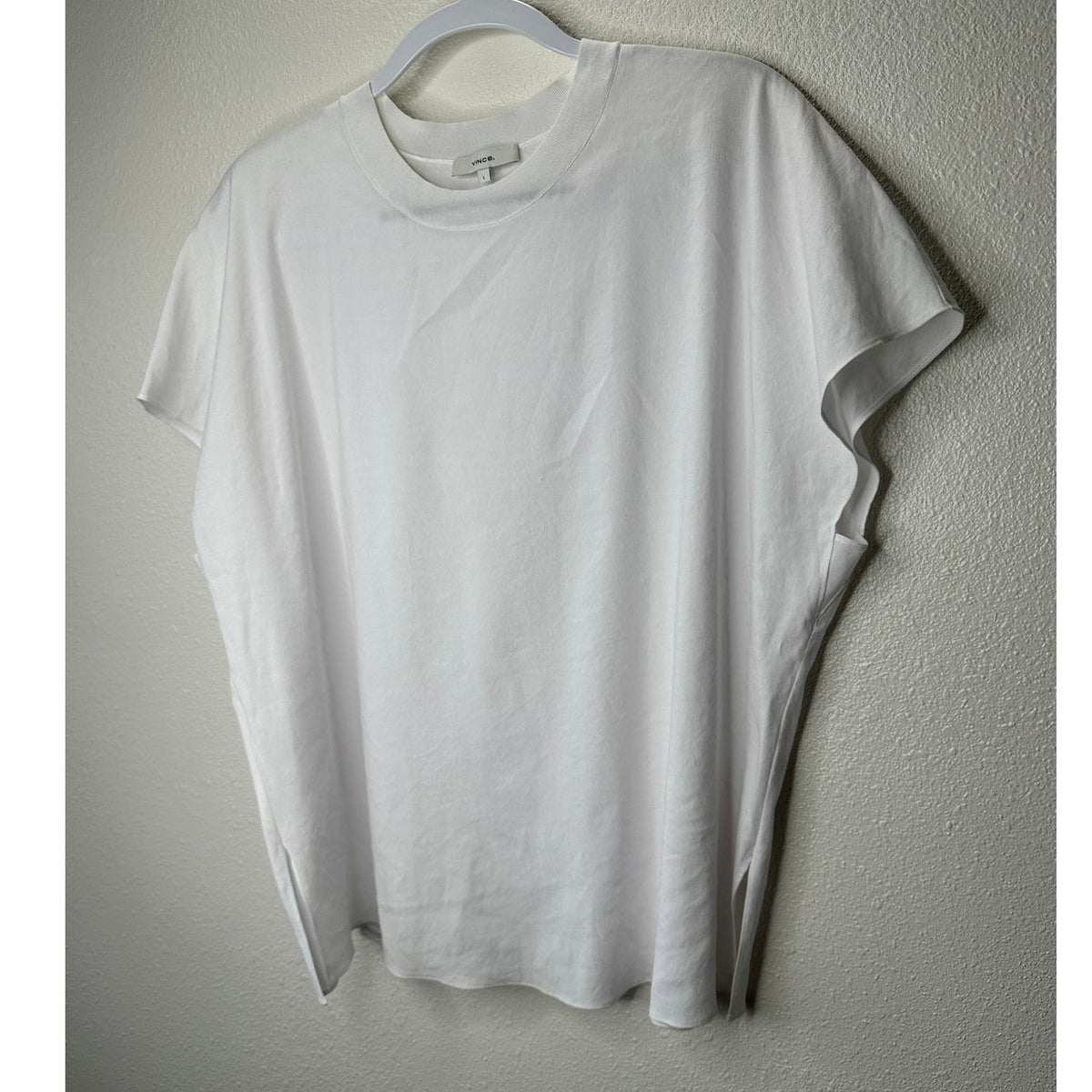 Vince White Linen Round Neck Cap Sleeve Side Slit Boxy Tee Top L