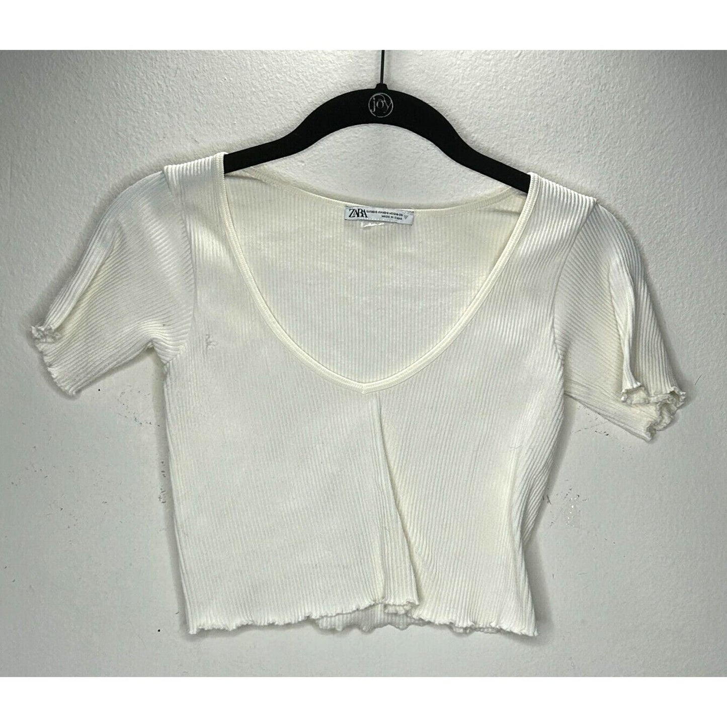 Zara Cream Ribbed Scoop Neck Top Short Sleeve Lettuce Hem Sleeves & Bottom XS