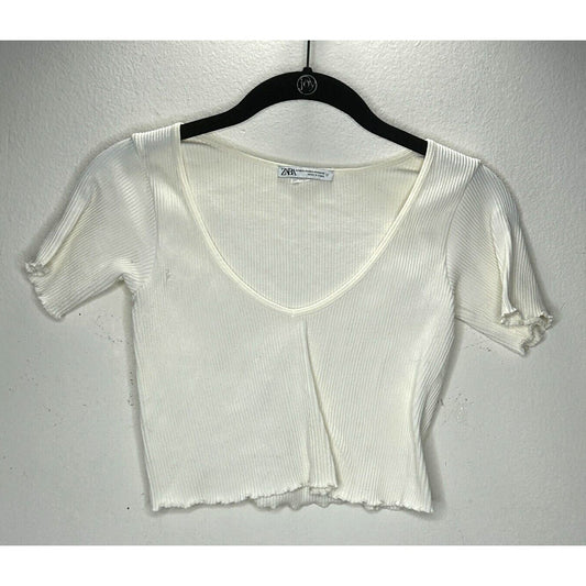 Zara Cream Ribbed Scoop Neck Top Short Sleeve Lettuce Hem Sleeves & Bottom XS