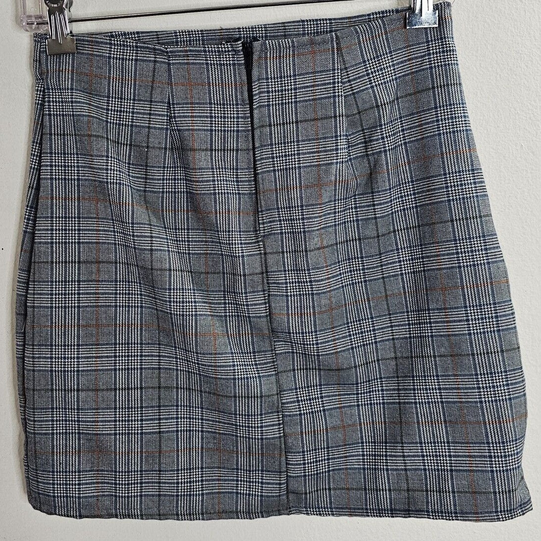 NWT Windsor Gray & Orange Plaid Print High Waist Side Slit Stretch Mini Skirt S