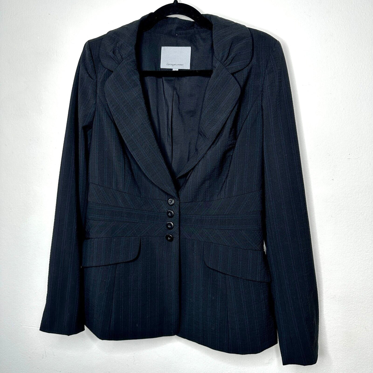 Classiques Navy Blue Pinstripe Fitted Peplum Waist 4-Button Wool Blazer 10