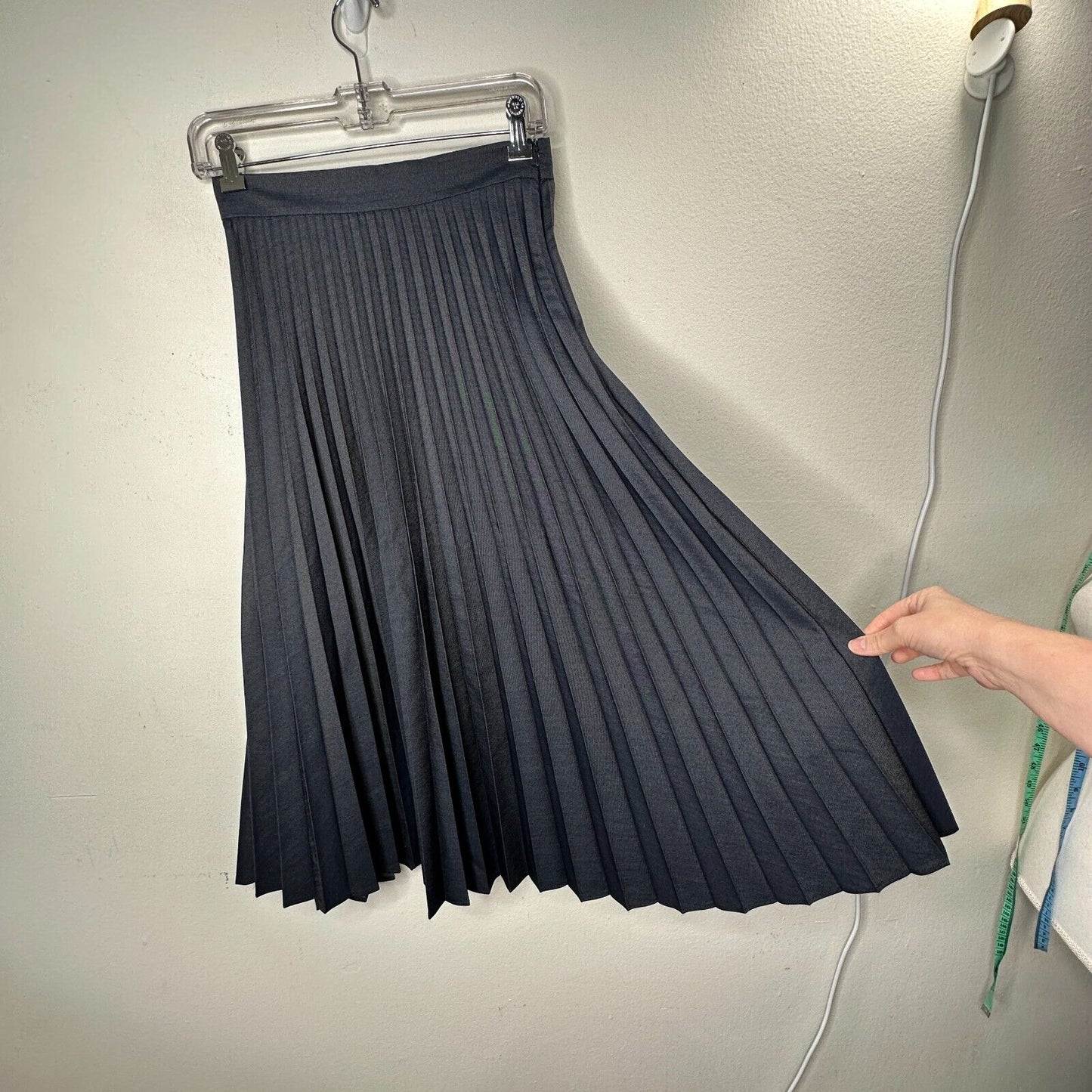 Zara Dark Blue Wash Box Pleated Denim Look Midi Skirt Waistband Side Zipper XS