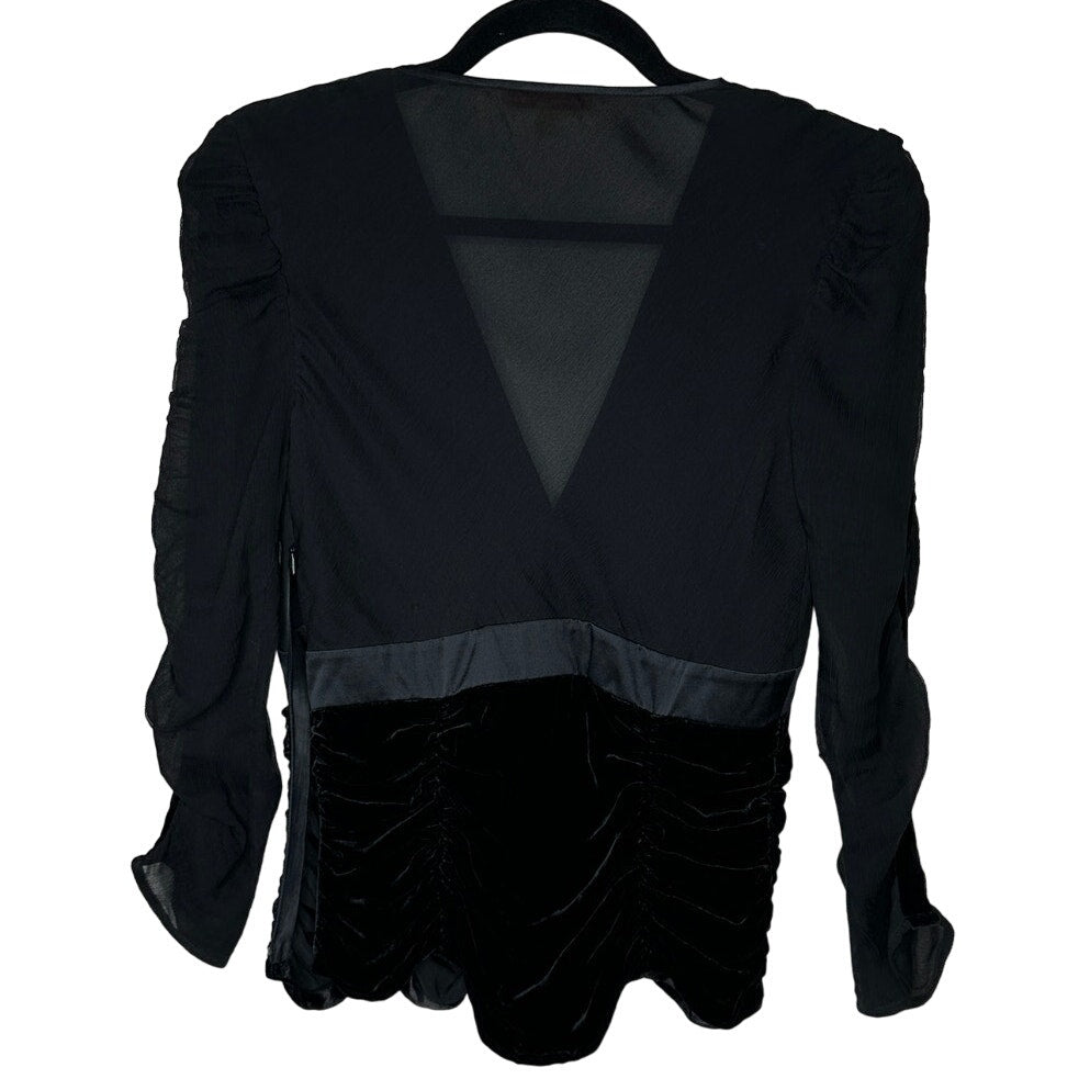 Catherine Malandrino Black Deep-V Gauze Satin Velvet Ruched 3/4 Sleeve Blouse S