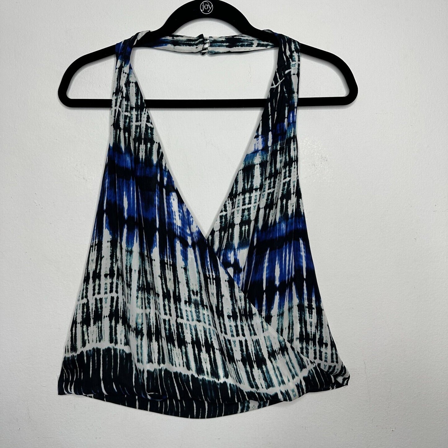 Parker Blue White Black Wales Tie Dye 100% Silk Wrap Halter Top Button VNeck L