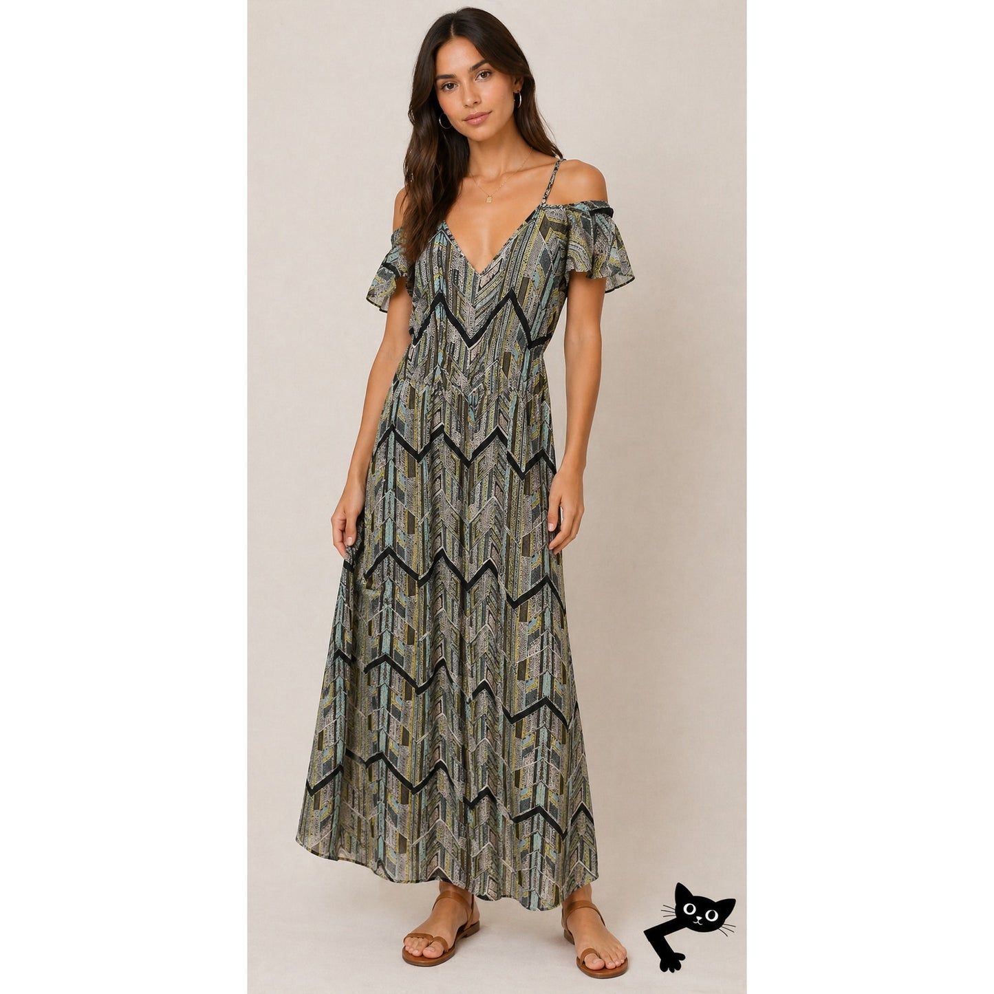 NWT Ella Moss Colorful Mazatlan Off Shoulder Silk Maxi Dress Adj Straps Med
