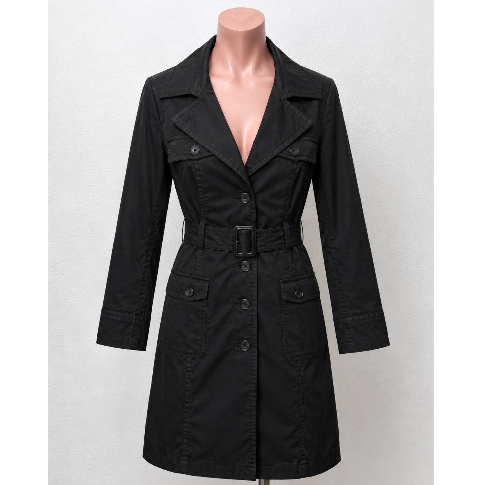 Guess Black Button Down Belted Trench Coat Navy and Green Plaid Interior M