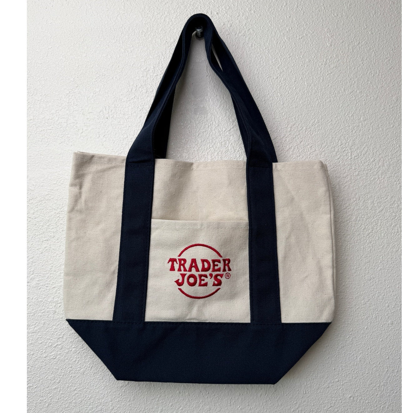 NWT Trader Joe’s Mini Canvas Tote Bag Navy Cream Red Logo Grocery Shopper
