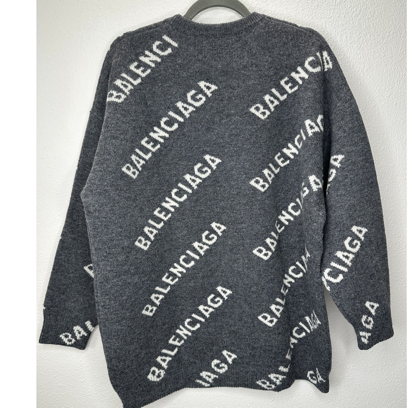 Balenciaga Dark Gray Long Sleeve White Logo'd Crew Neck Sweater L