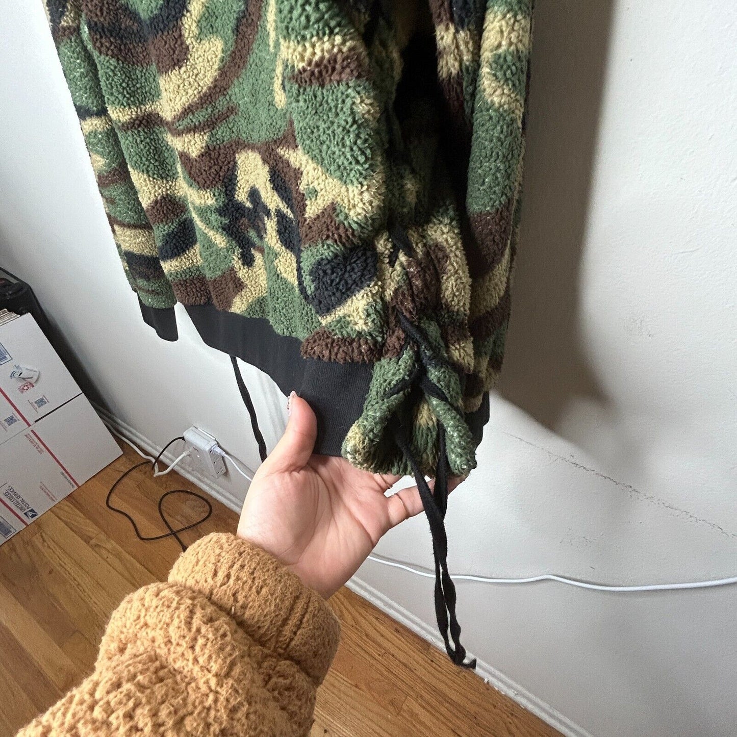 Faith Connexion Camo Sherpa Zip Hoodie Jacket Split Kangaroo Pocket Lace Side SM