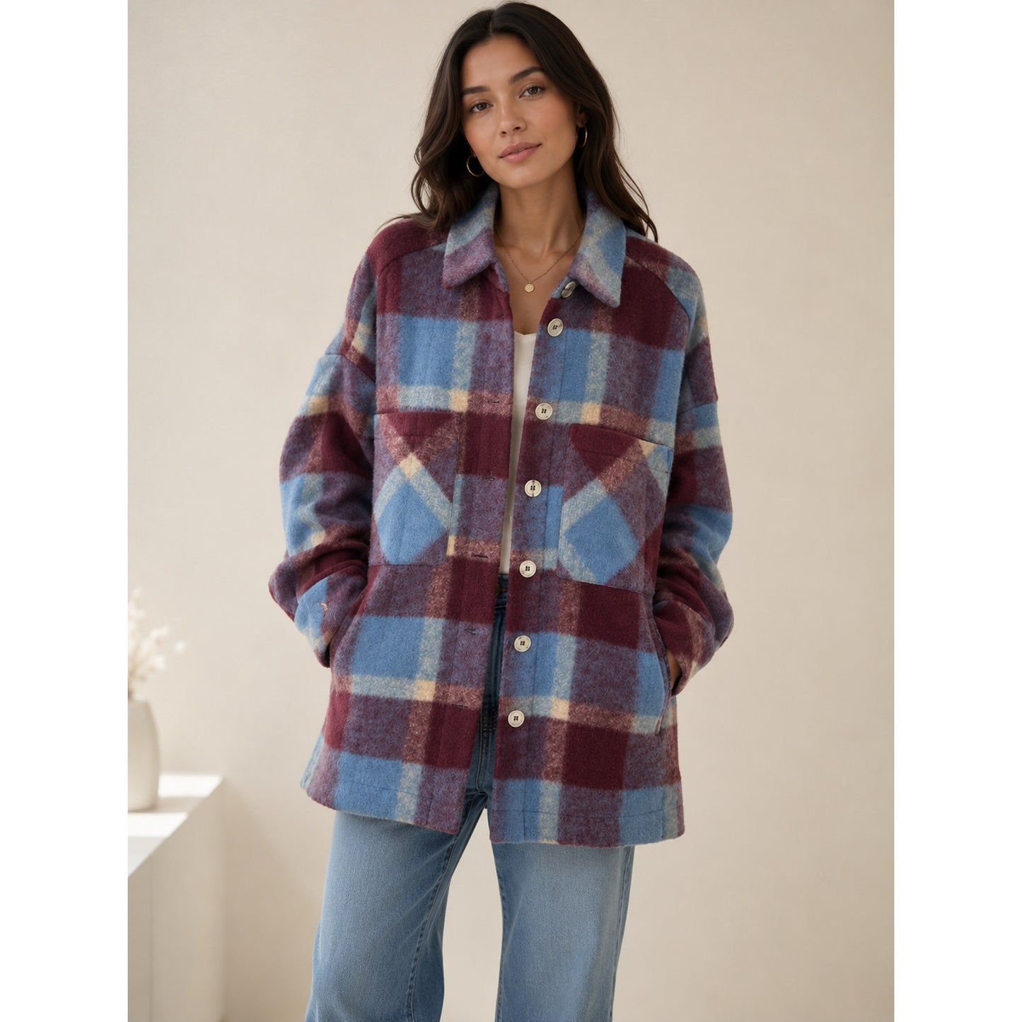 IRO Backpaip Mixed Blue & Burgundy Plaid Long Sleeve Wool Blend Coat L