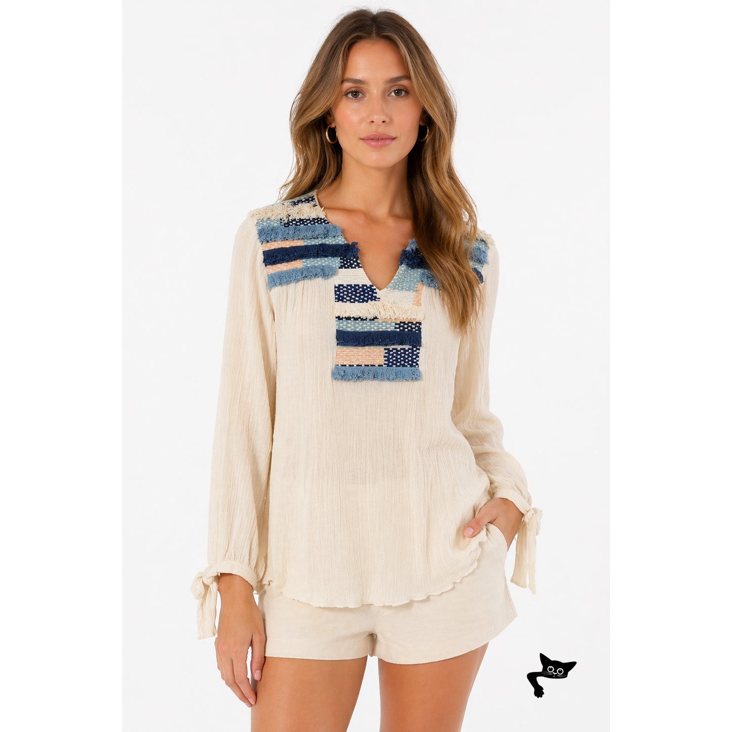 Pepin Blouse Cream Boho Gauze V Neck Tunic Women US XS