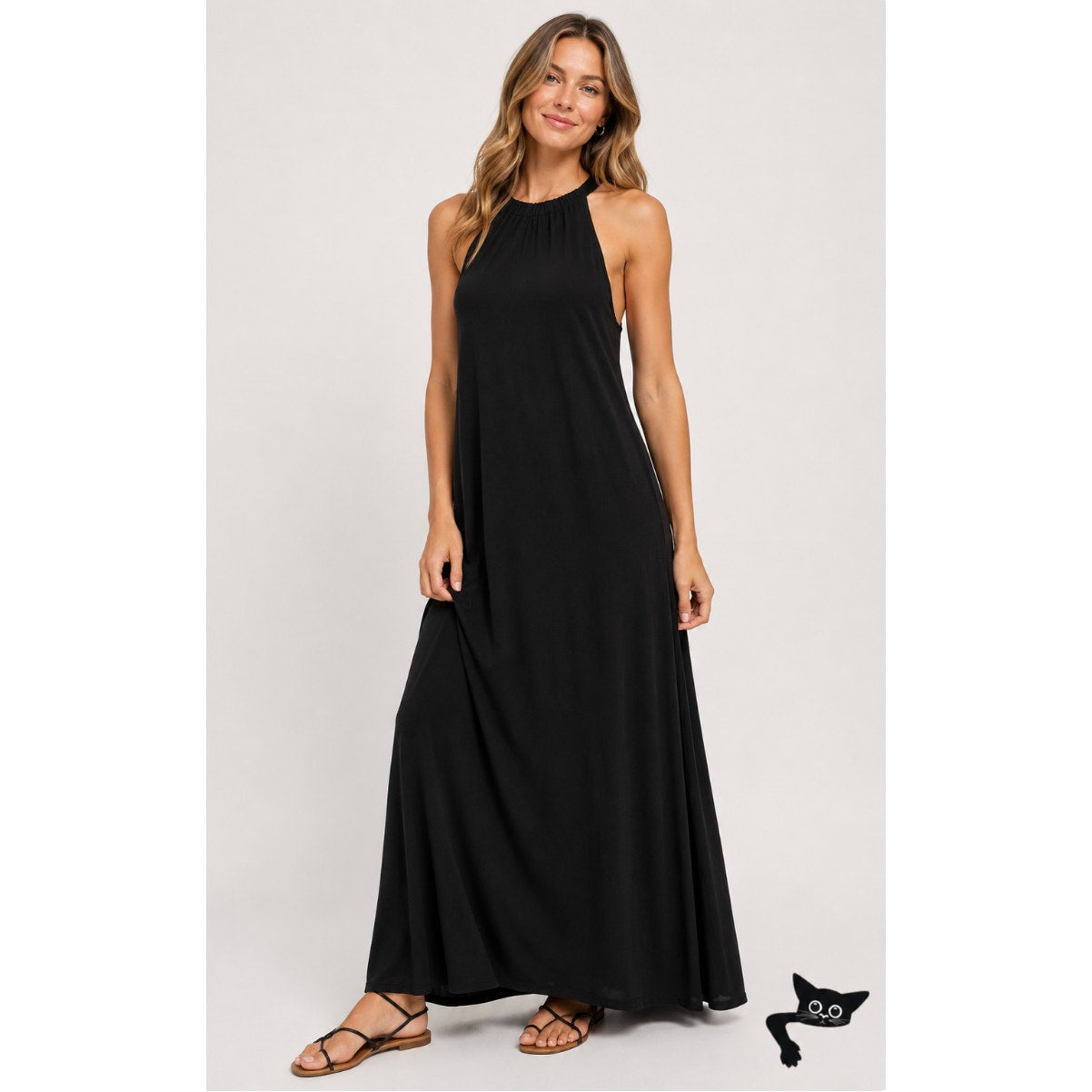 Black High Neck Plunging Sides Sleeveless Gathered Flowy Back Maxi Dress M