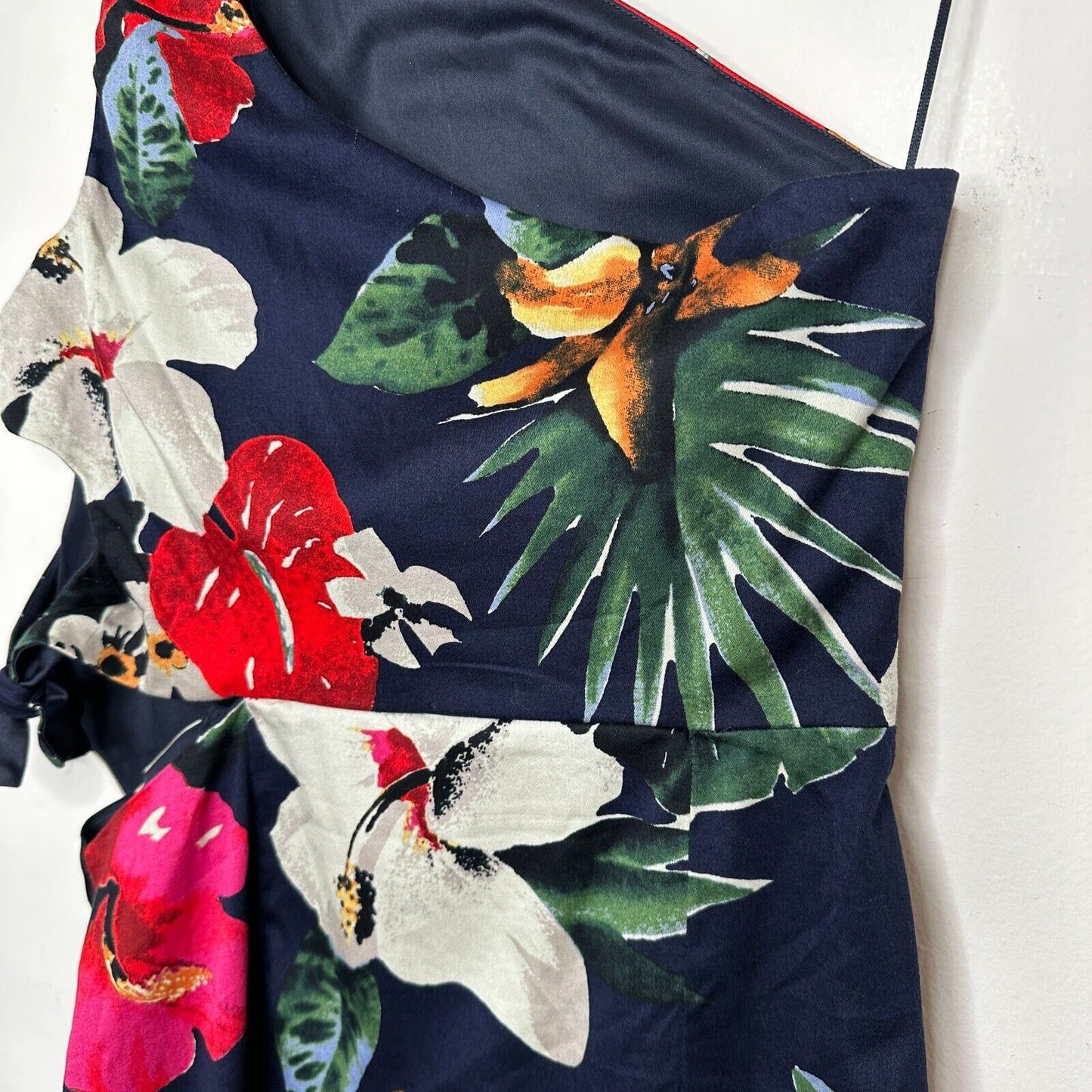 Zara Navy Red White Floral 3 Side Tie One Shoulder Mini Dress Side Zip Medium