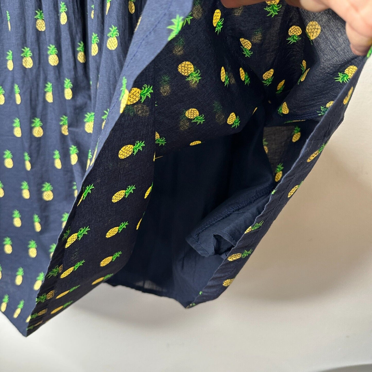 Mo:Vint NY Navy Pineapple Print Pleated Tie Pocket Circle Cotton Midi Skirt SM