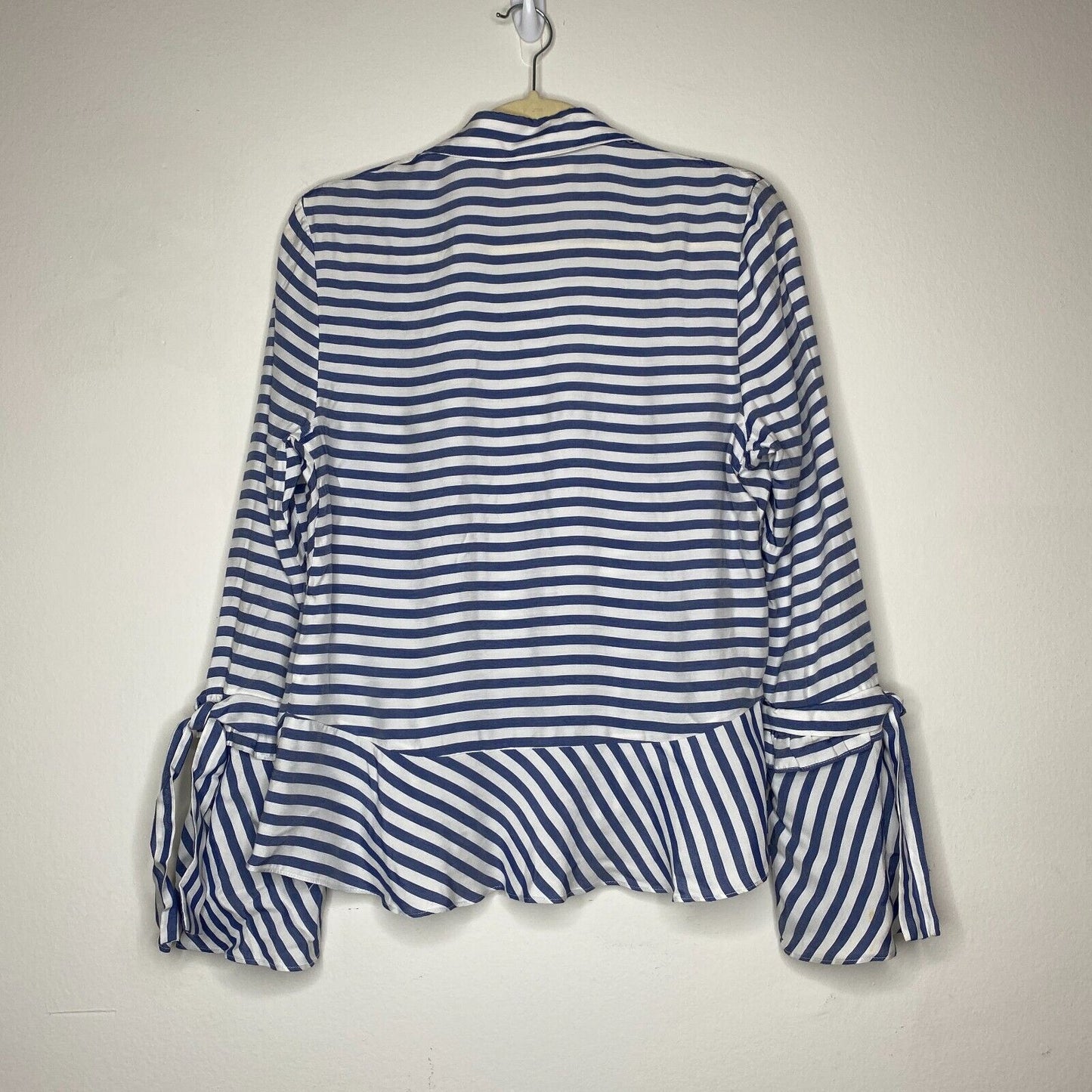 Artelier Blue and White Stripe Collar Button Down Bell Tie Sleeve Blouse XS