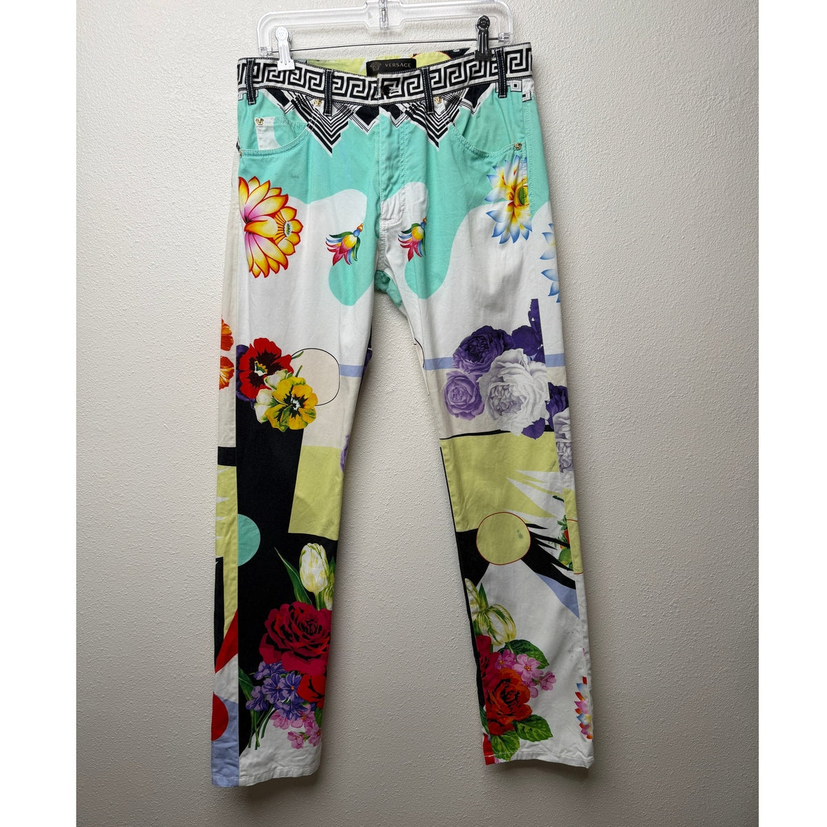 Versace Multicolor Floral Medusa Greek Key Print Cotton Jeans Men's US 34