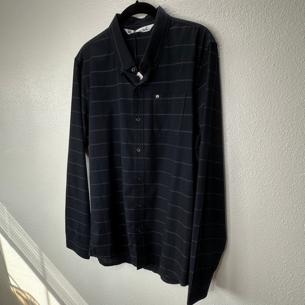 NWT Travis Matthew Black Striped The Crimp Long Sleeve Button Shirt L