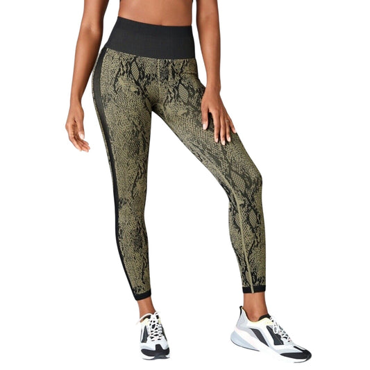 Fabletics Black & Gold Snake Print Ankle Leggings Wide Black Waistband S